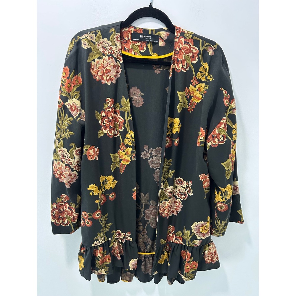 Zara Basic Floral Kimono Cardigan Ruffle Hem 100%Lyocell Black Orange Yellow M L